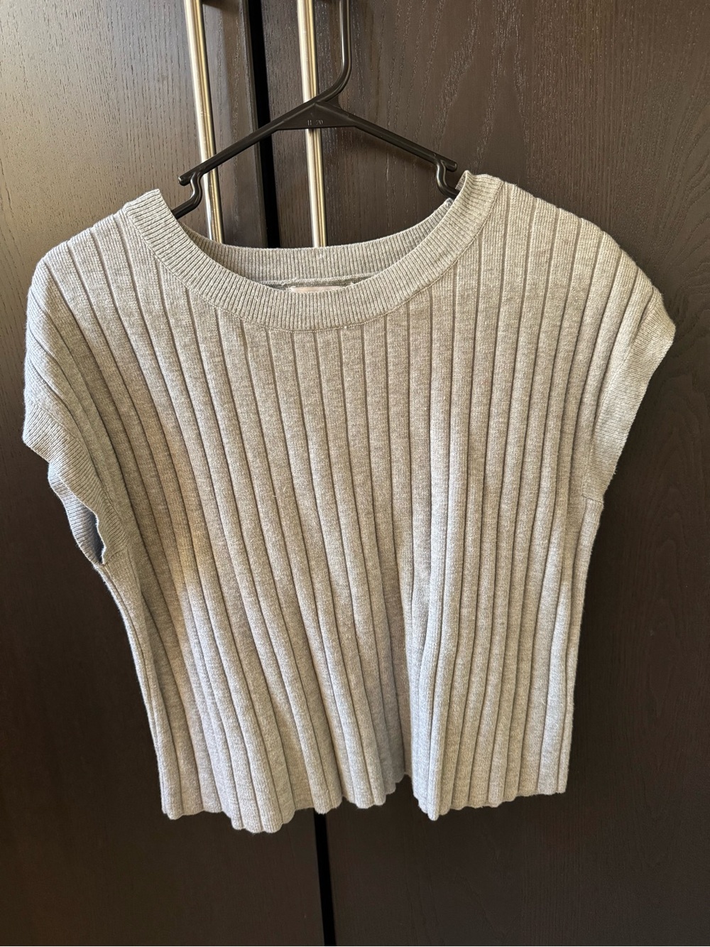Office Wear Ribbed Knit Short Sleeve Sweater Top - Light Gray • S